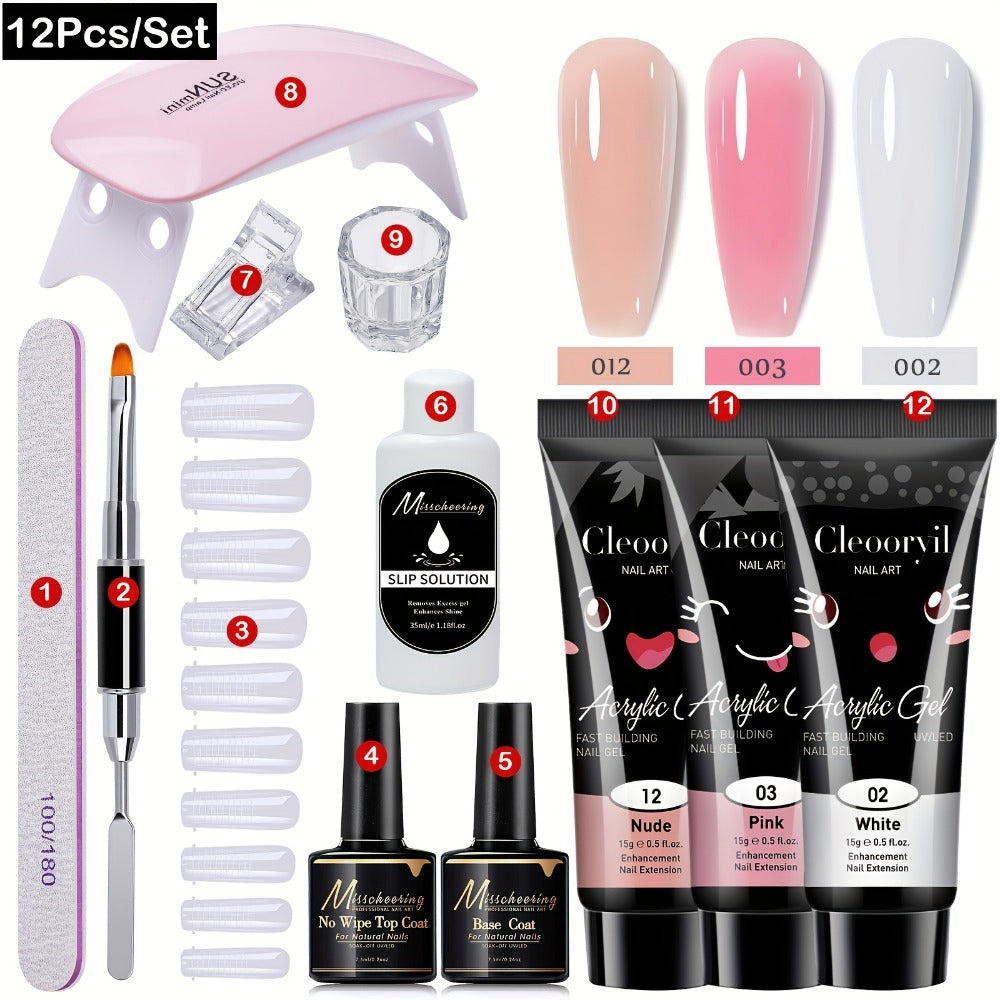 Polygel Nail Kit with LED Lamp 12Pcs Complete Poly Gel Nail Extension Builder Set with Stretch Gel Bicolor Base Coat Finger Sleeves DIY Salon Nails for Women Beginners at Home