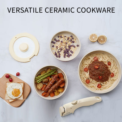 Nonstick Cookware Set 5-Piece Detachable Handle Aluminum Pots and Pans – Space-Saving Stackable Induction Compatible | 8 & 10 Inch Frying Pan Soup Pot Universal Lid | White Pink Beige Coral Pink