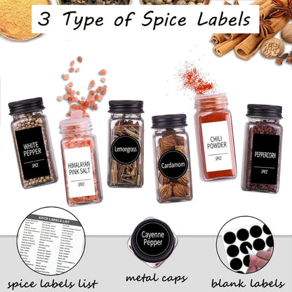 Glass Spice Jars with Labels 24 Pack - Square Empty Spice Containers with Shaker Lids for Home Cooking, Dining and Outdoor Meals