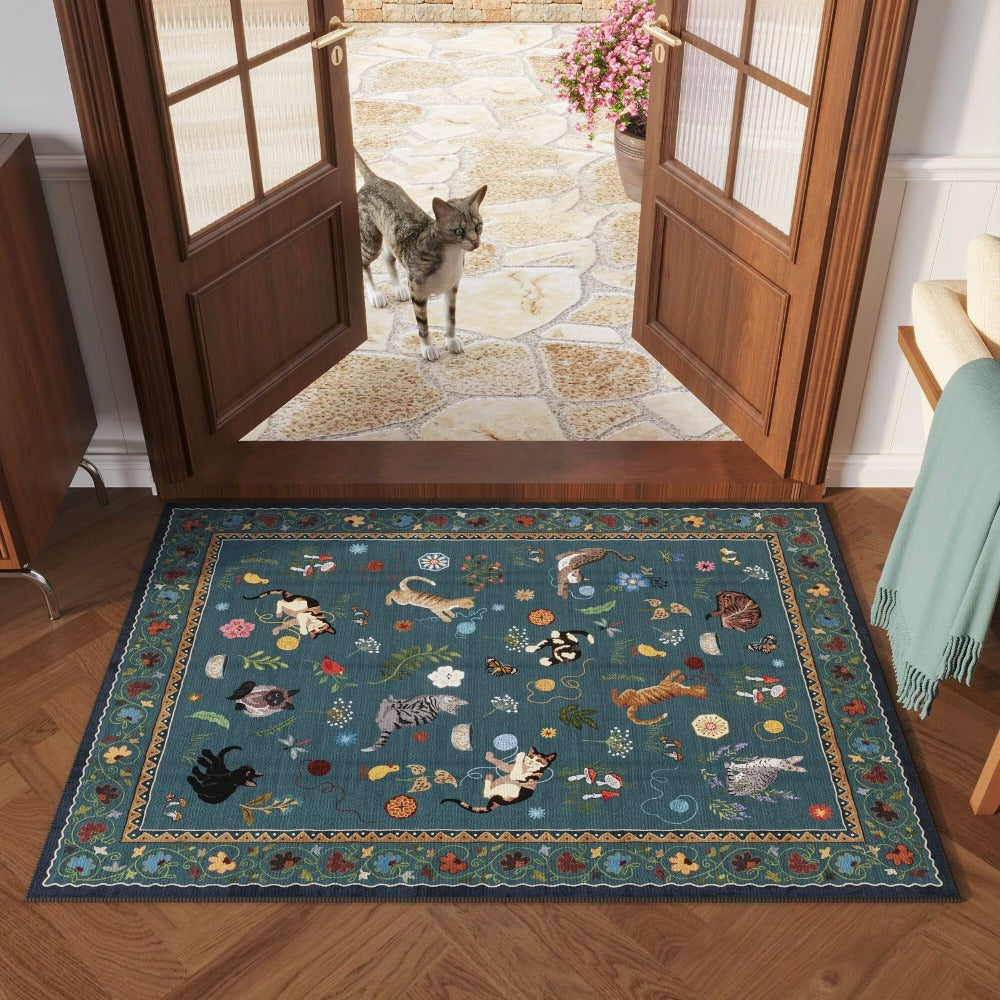 Area Rug, Vintage Blue Cat and Floral Low-Pile Carpet in Rectangle, Runner and Round Size Options