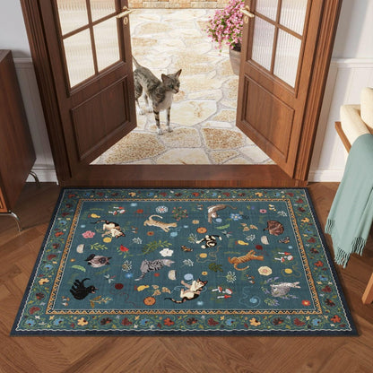 Area Rug, Vintage Blue Cat and Floral Low-Pile Carpet in Rectangle, Runner and Round Size Options