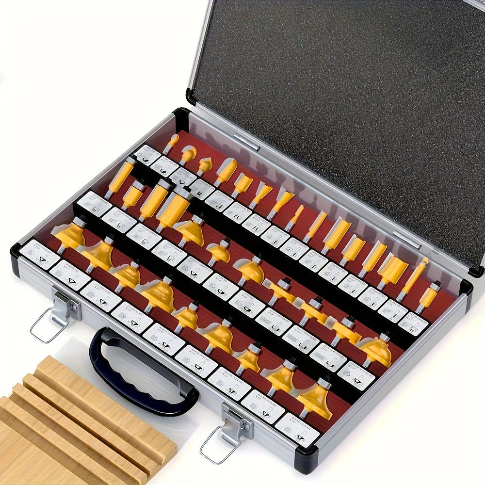 Carbide-Tipped Router Bit Set with 1/4-Inch Shanks and Metal Case in 24- or 35-Piece Options