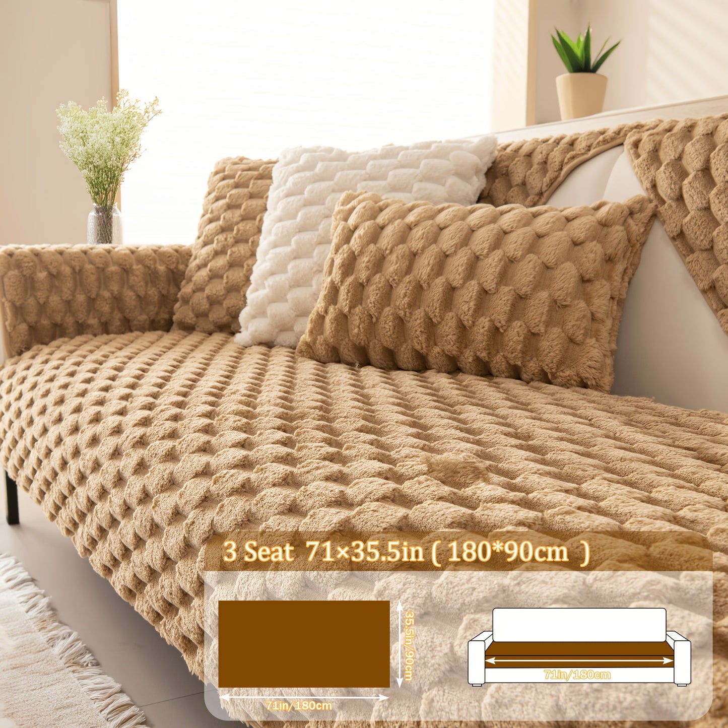 Sofa Cover 35.5-Inch Fuzzy Polyester Single-Piece Pad with Silicone Non-Slip Backing for 2 to 4 Seats