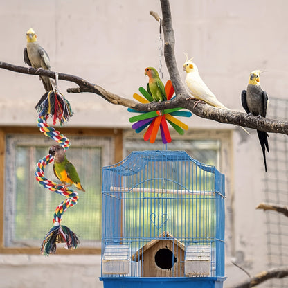 Six-Piece Hanging Bird Toy Set with Wood, Paper, Plastic Rings, Bell, Rope and Metal Hooks for Small Parrots