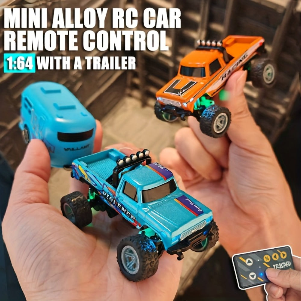 Mini RC Monster Truck 1:64 Scale with Matching Trailer, 2.4GHz Controller, LED Details and Three Color Options