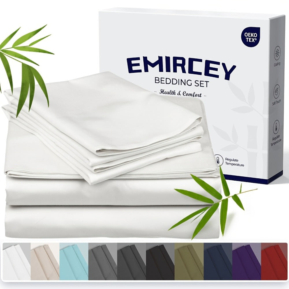 Three-Piece Bamboo Fiber Fitted Sheet Set with Pillowcases in Eight Size and Color Options for Bedrooms