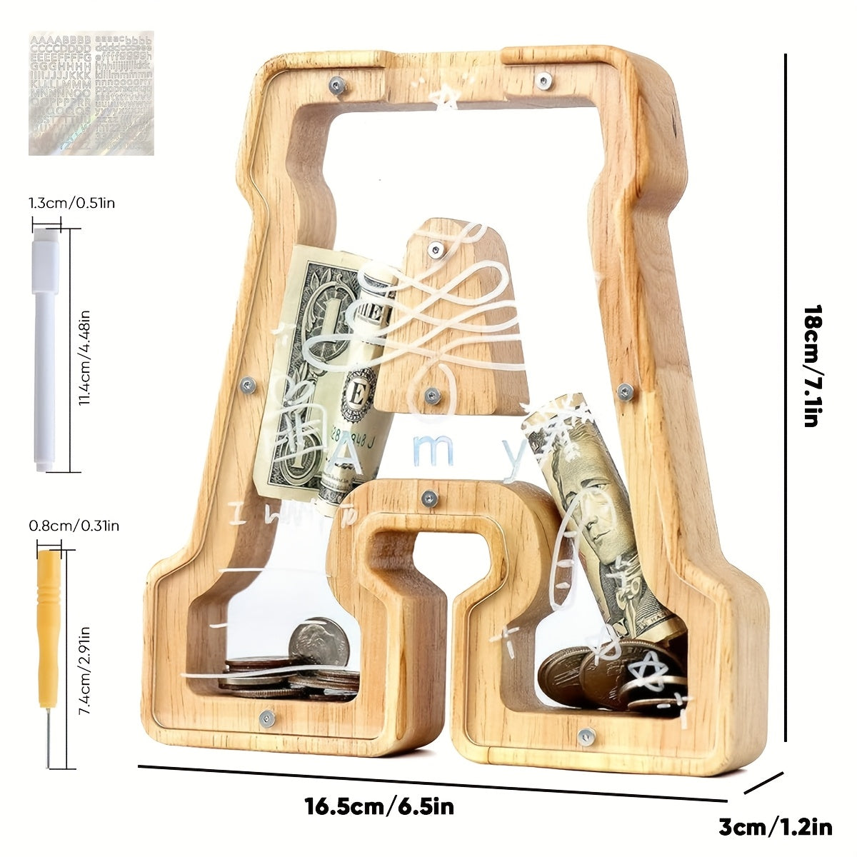 Alphabet Wooden Money Bank with Clear Front Panel, Coin Slot and A-to-Z Letter Options for Adults