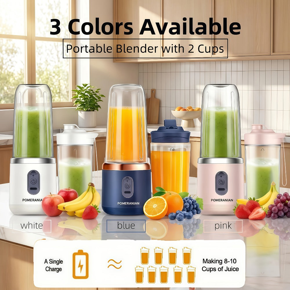 Portable Blender Juicer Double Cup 1500mAh Rechargeable – Food-Grade ABS Multifunctional Fruit Vegetable Juicer | USB Charging Gift Box | Blue Pink White Summer Kitchen Essential