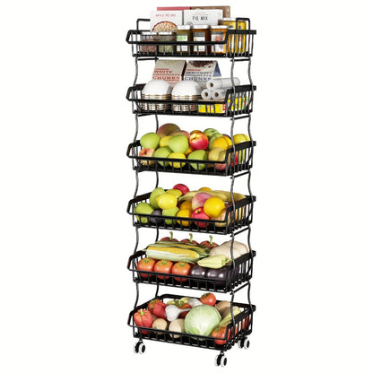 6-Tier Stackable Metal Wire Storage Basket Organizer with Wheels - Rolling Kitchen Pantry Rack for Fruits Vegetables Utensils, Space-Saving Open Shelf