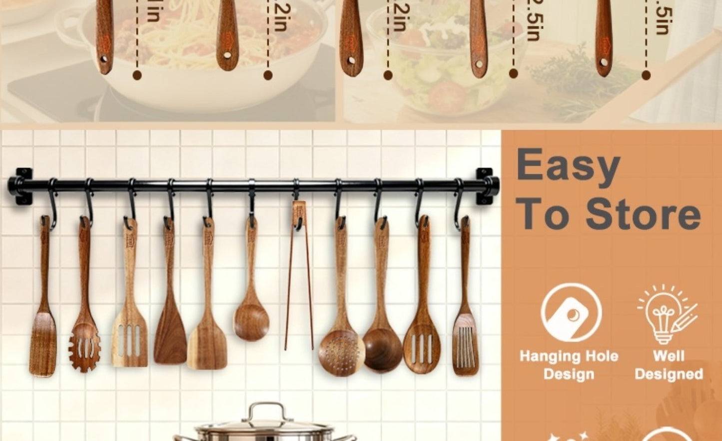 Wooden Spoons for Cooking 10 Pcs – Teak Wood Kitchen Utensils Set, Non-Stick Safe Spatulas & Spoon Cooking Tools