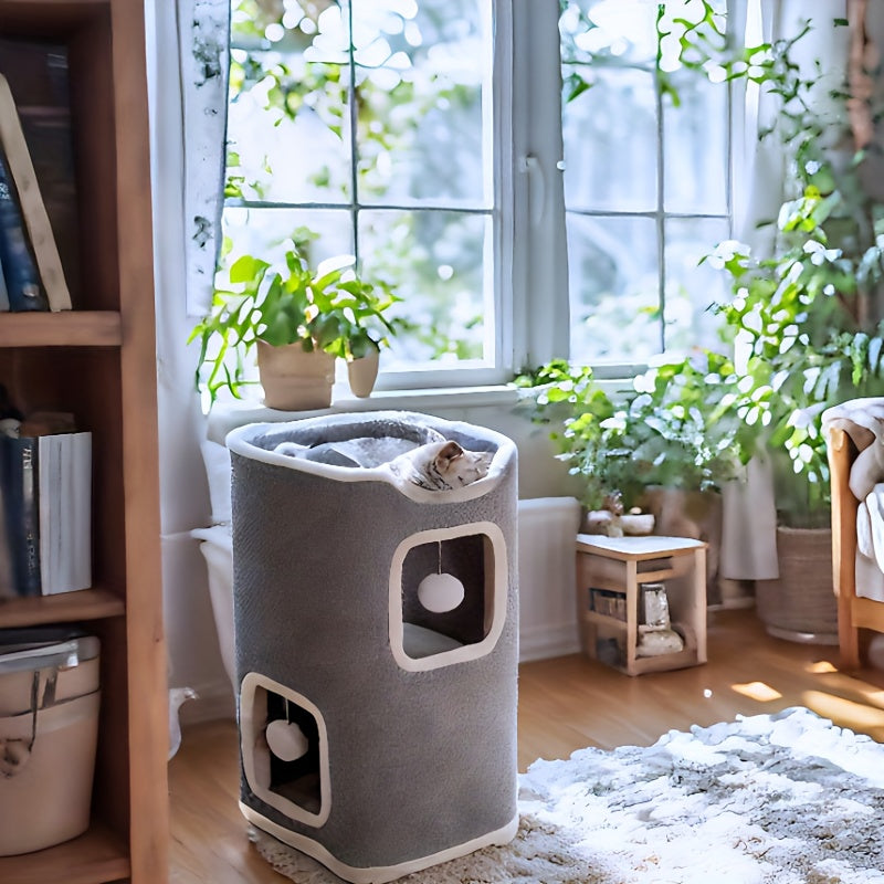 Cat Tree Tower Multi-Level Foldable - Indoor Cat House with Scratch Resistant Post, Soft Top Cat Bed, Cat Hideaway & Bell Ball Toy, 1 2 3 Layer Cat Climbing Tower for Kittens & Adult Cats, Gray