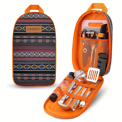 Camping Cookware Set, 17-Piece Bohemia Pattern Camp Kitchen Utensil Kit with Knives, Flatware and Organizer Case