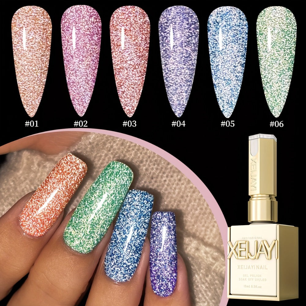 Gel Nail Polish Set with XEIJAYI Label, 6 Crushed Starlight Glitter Colors in 0.51oz Bottles
