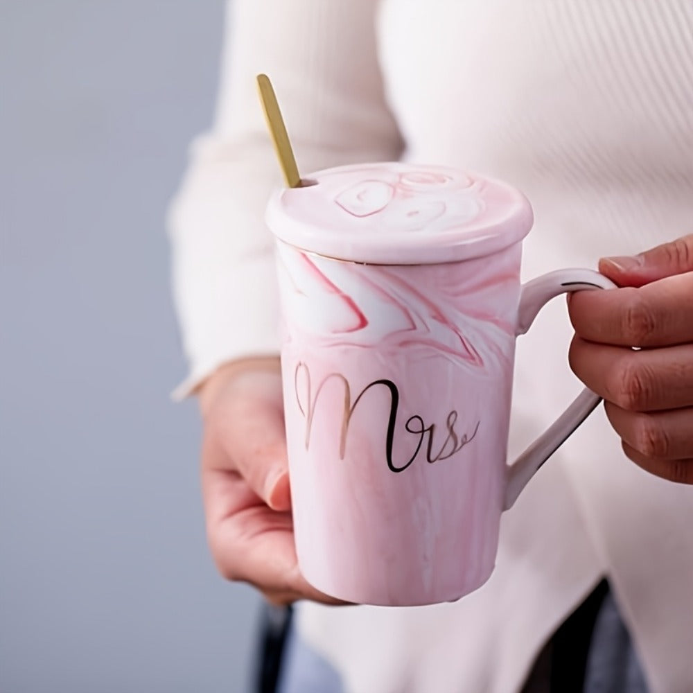 Mr and Mrs Mug Gift Set with Two 14 oz Grey and Pink Cups, Matching Spoons and Presentation Box