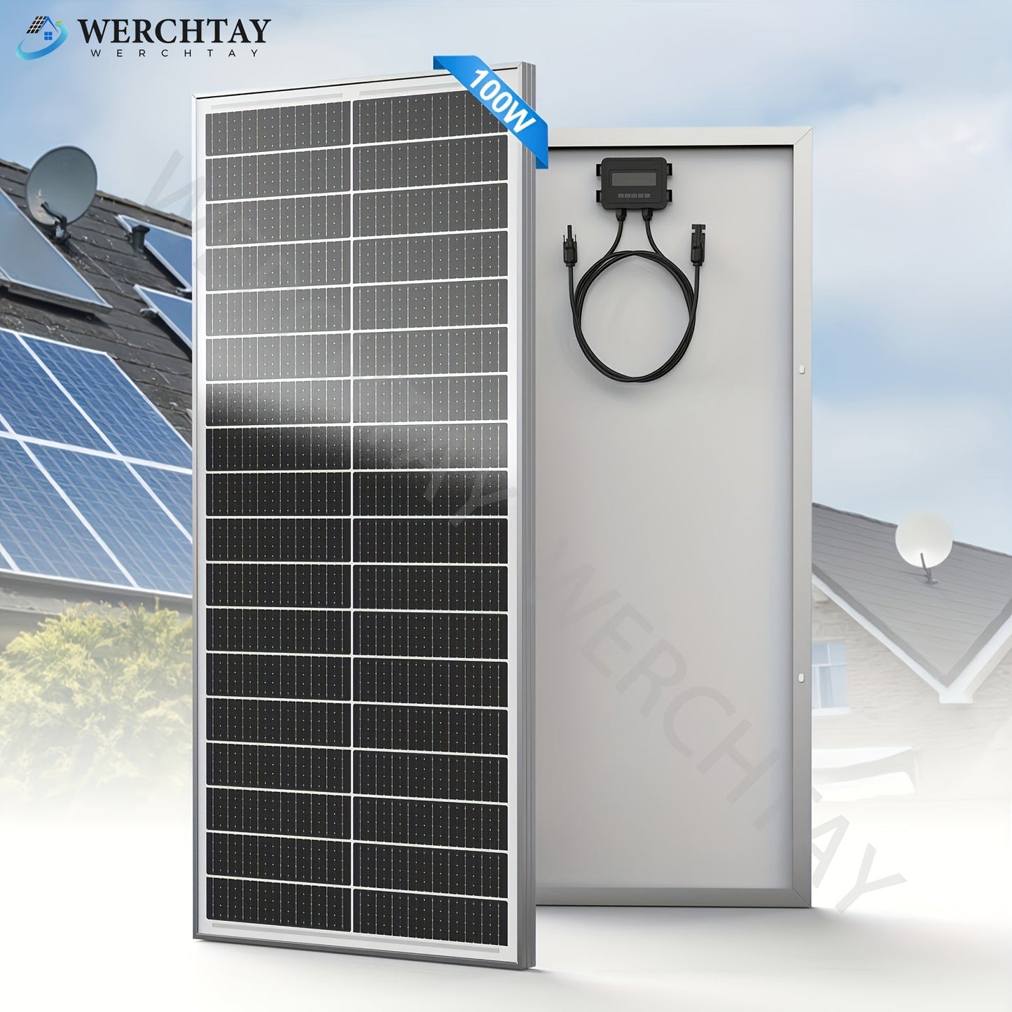Single 100W Monocrystalline Solar Panel with 101 x 46 cm Frame and Attached PV Connector Cables