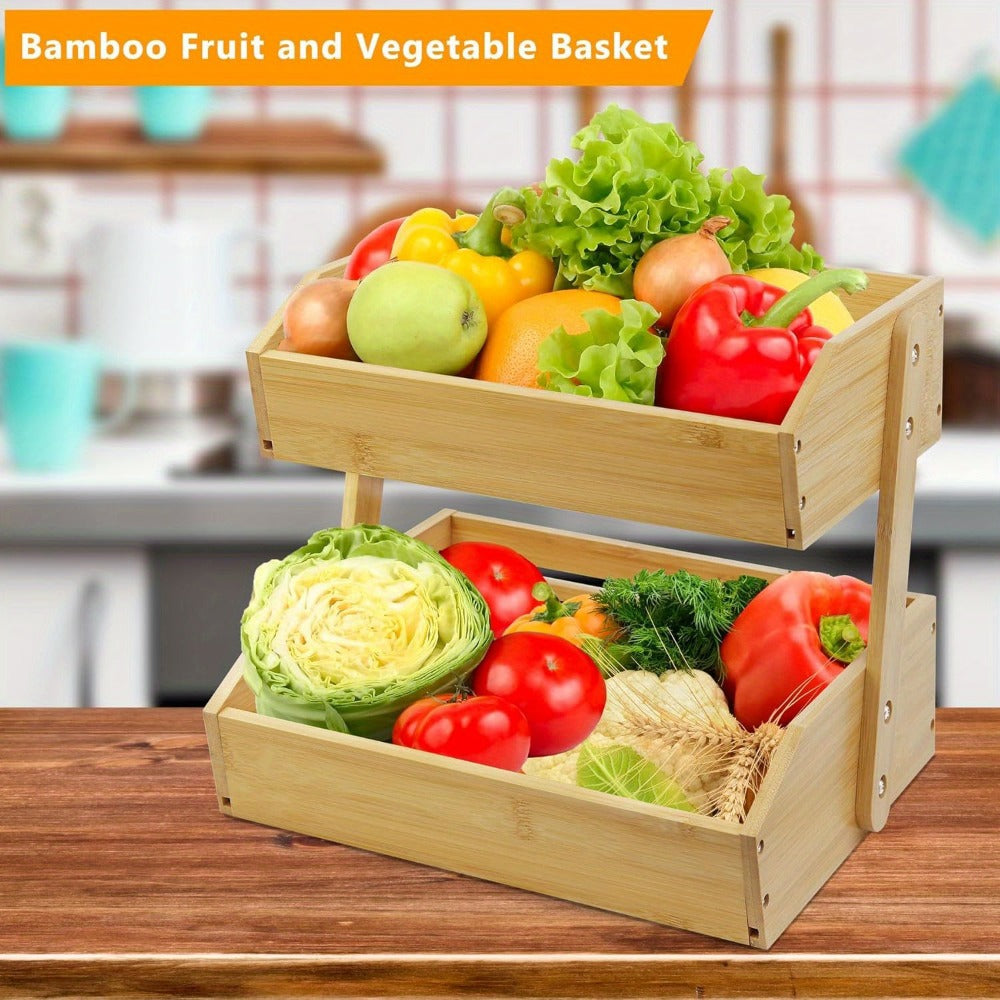 Fruit Rack Kitchen Organizer 2 or 3 Tier Natural Bamboo Freestanding Basket Shelf with Two Hooks