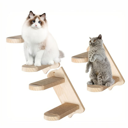 Four-Step Wall-Mounted Cat Ladder with 45.5cm Wood Frame, Rope-Covered Treads and Fastener Points