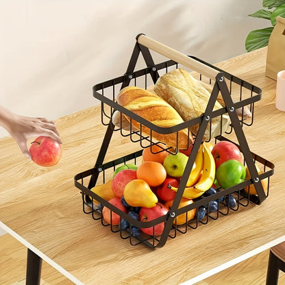 Freestanding Tiered Metal Wire Storage Basket with Wood-Tone Top Handle in Two- or Three-Tier Options
