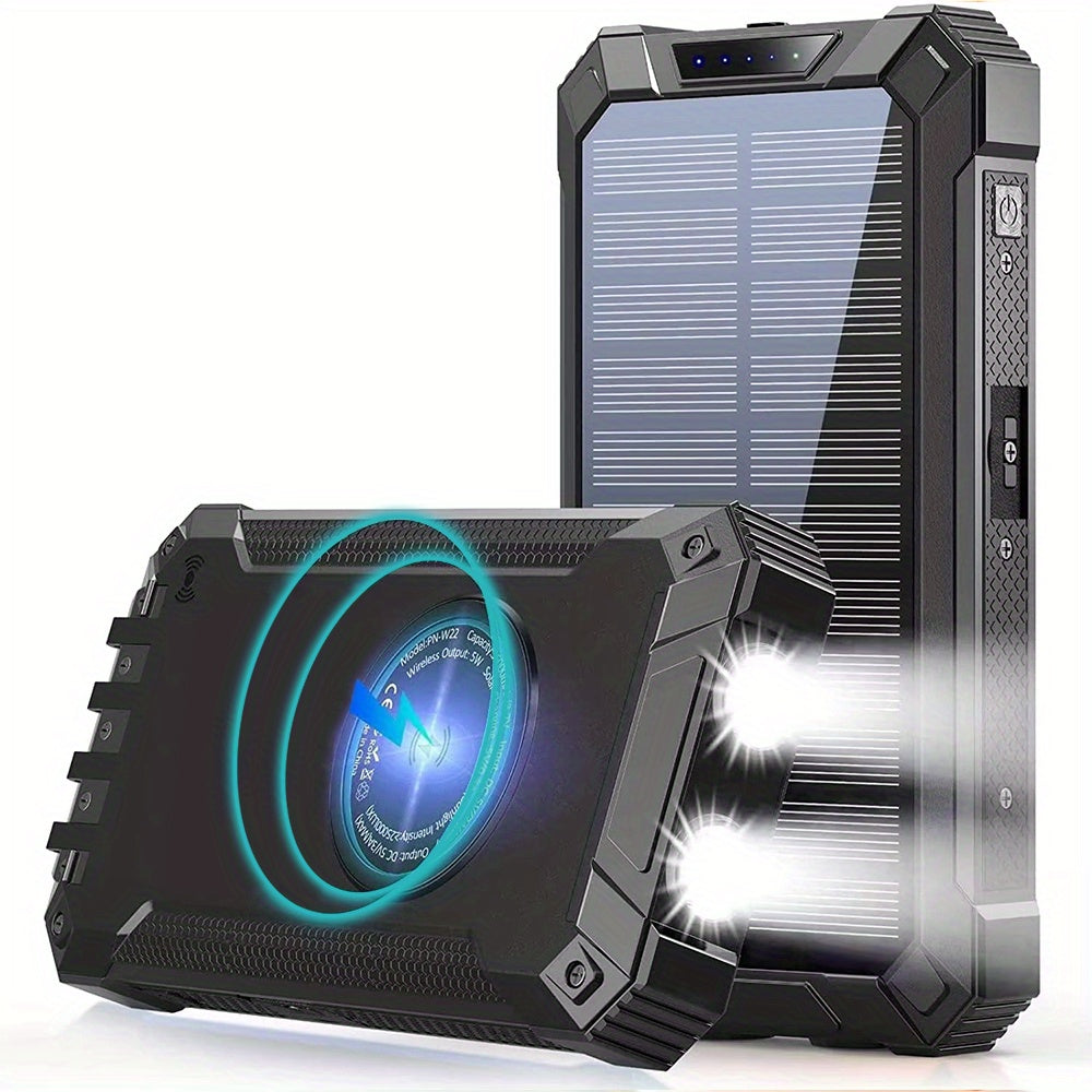 42800mAh Solar Power Bank Wireless Charging with 4 Built-In Cables – 6 Output Ports 15W Fast Charge Dual LED Flashlight Portable Battery Pack for iPhone Samsung Android Camping Travel Emergency