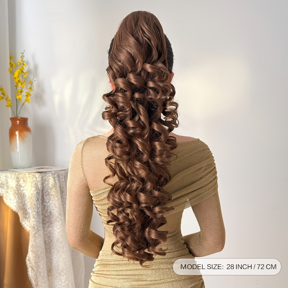 Curly Ponytail Extension 28 Inch Long Heat Resistant Synthetic Clip In Wrap Around Hairpiece Voluminous Bouncy Curls 4 Styles for Women Everyday Parties Festivals