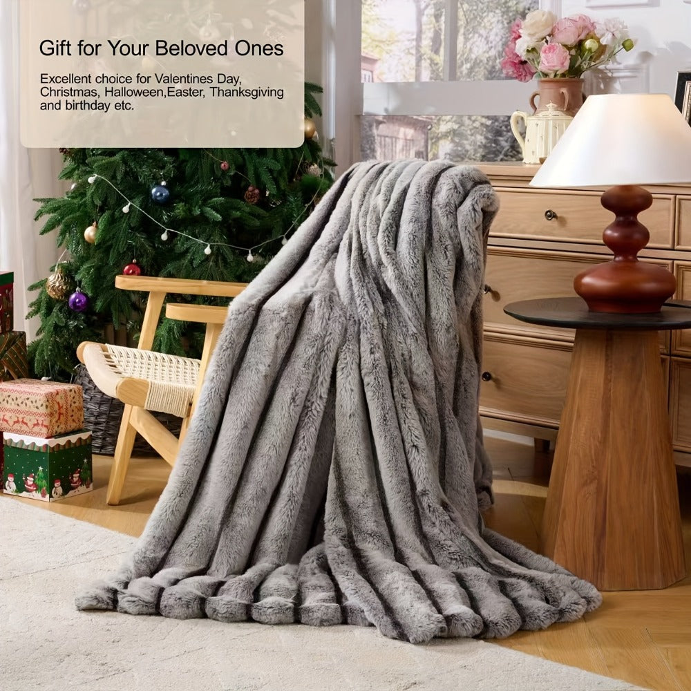 Double-Layer Faux Rabbit Fleece Blanket in Grey, Khaki or Beige with Five Sizes from Small Throw to King