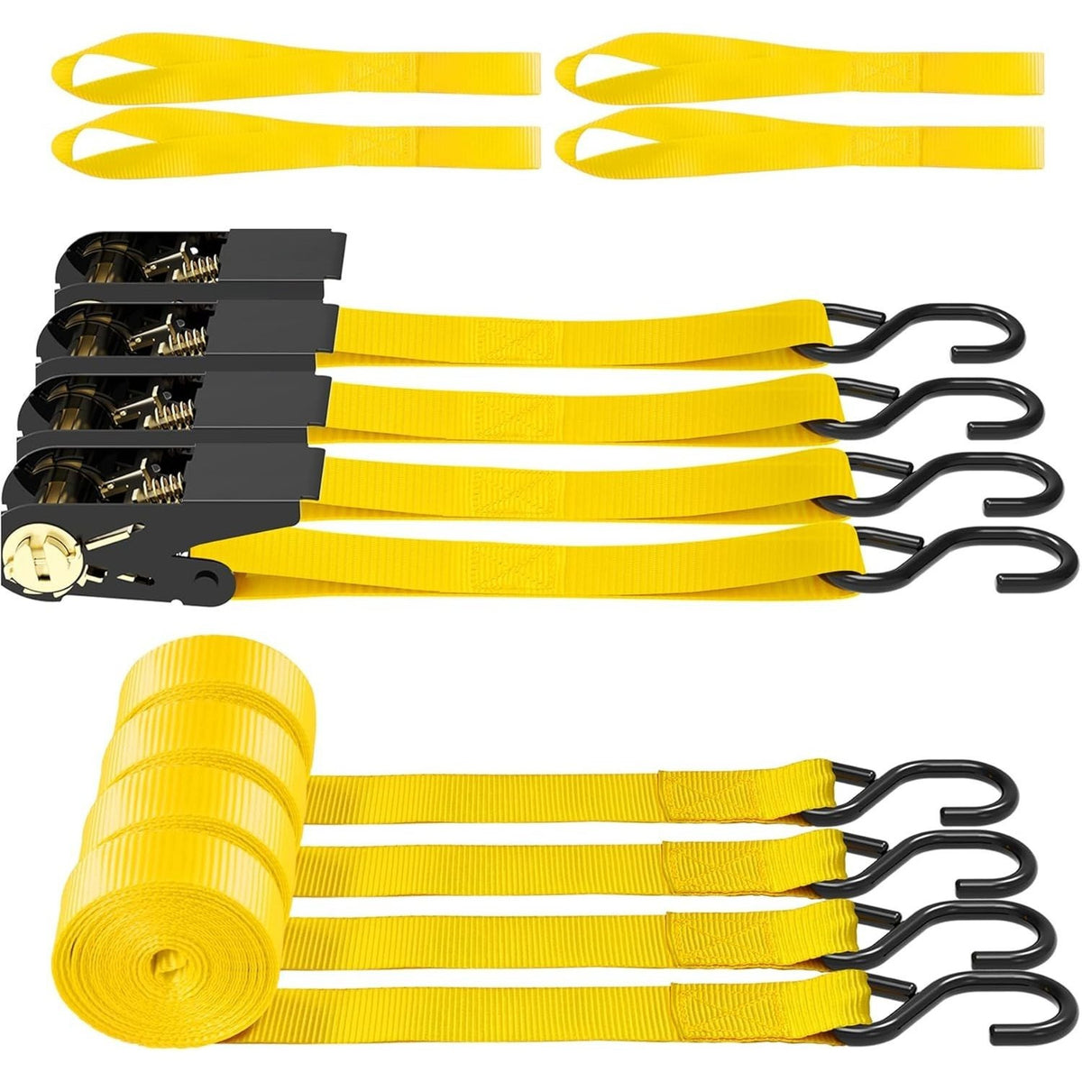 Ratchet Tie Down Straps 4-Pack 15FT 1,500 lb Break Strength Heavy Duty with Soft Loops & Storage Bag – High-Visibility Webbing for Motorcycle ATV Kayak Truck Bed Trailer Roof Rack