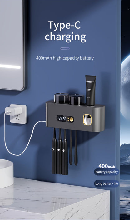 Five-Slot Wall-Mounted Toothbrush Holder with Two Cups, Toothpaste Dispenser and Digital Display