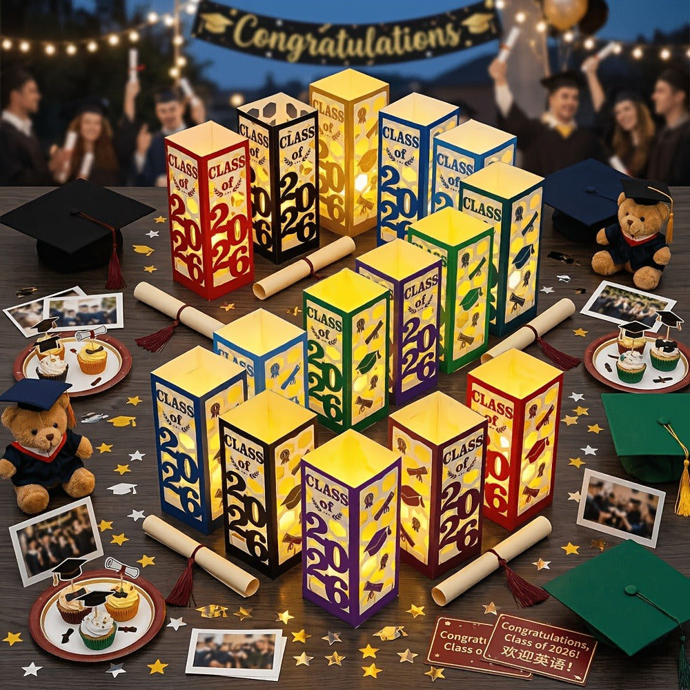 Graduation Centerpiece Set 6pcs Class of 2026 – Decorative Lantern Box Table Decorations for High School & College Graduation Party, Photo Booth Props, Party Kit in Red Blue Green Purple Maroon