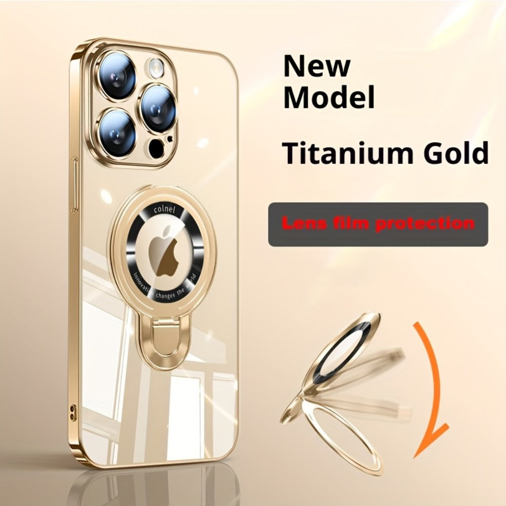 Magnetic U-Shield Stand iPhone Case for iPhone 17 Pro Max 16 16 Pro Max Electroplated PC Transparent Back Shockproof Full Coverage Protective Cover with Kickstand