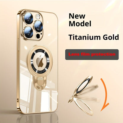 Magnetic U-Shield Stand iPhone Case for iPhone 17 Pro Max 16 16 Pro Max Electroplated PC Transparent Back Shockproof Full Coverage Protective Cover with Kickstand
