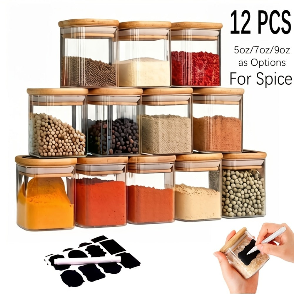 Twelve-Piece Square Glass Spice Jar Set with Bamboo-Style Lids, Labels and 7-Ounce Capacity