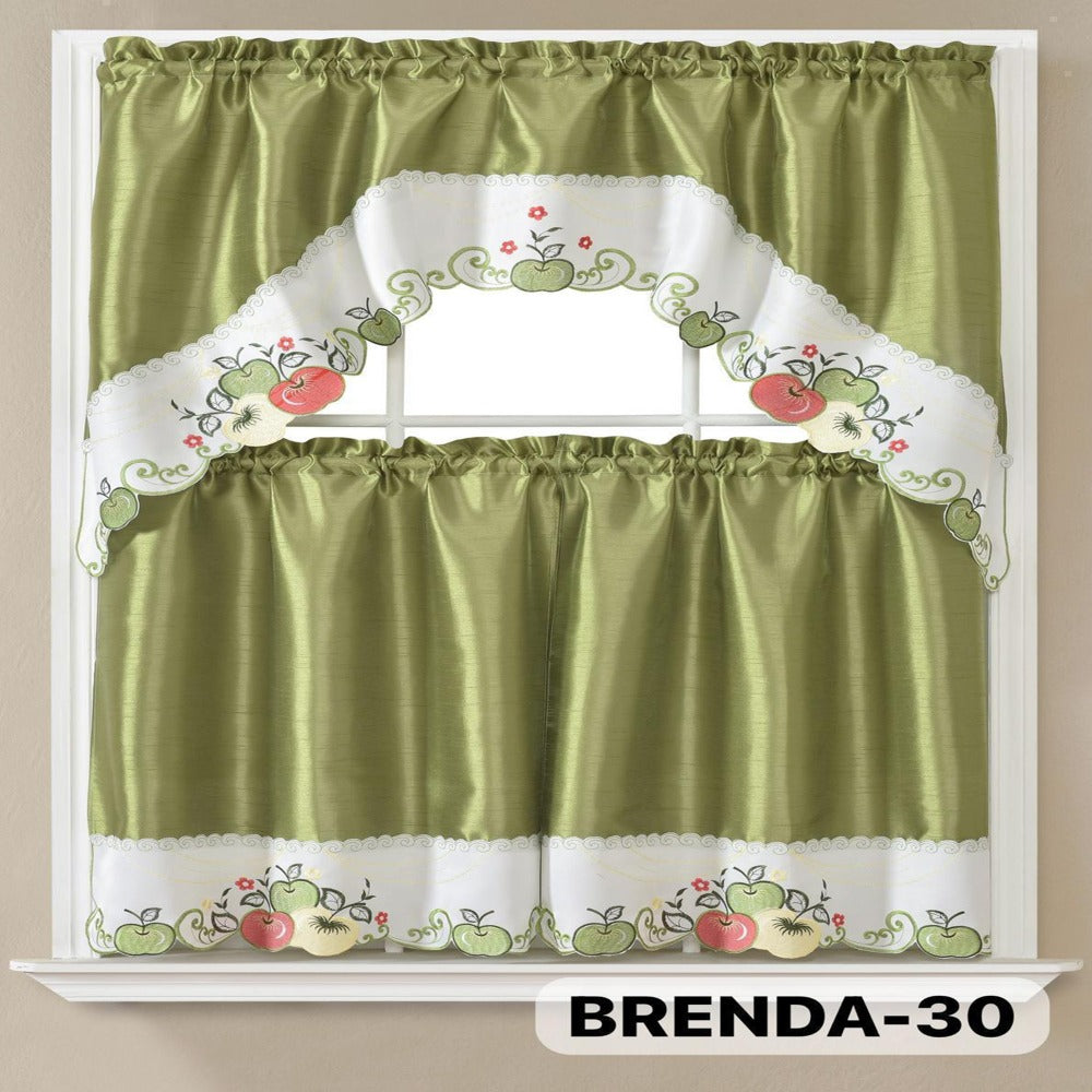 Three-Piece Patterned Kitchen Curtain Set with One Valance, Two Tiers and Forty-Six Exact Design Options