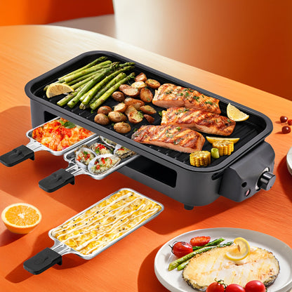 Indoor Electric Smokeless Grill 1500W – Raclette Table Grill with 3 Mini Pans, 16x9" Non-Stick Detachable Plate, Dishwasher Safe, Portable for Home Kitchen
