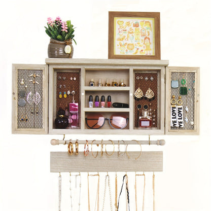 Wall-Mounted Wood Jewelry Organizer – Rustic Hanging Display Shelf with Removable Bracelet Rod & Hooks for Necklaces, Rings & Bracelets, Space-Saving Dressing Room Decor