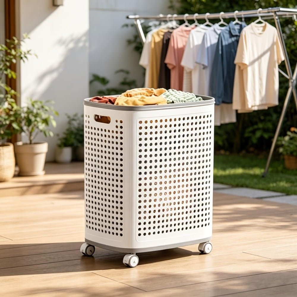 Large Wheeled Laundry Hamper with Foldable Basket, Side Pockets, Lid and Exact Basket-and-Wheels Option