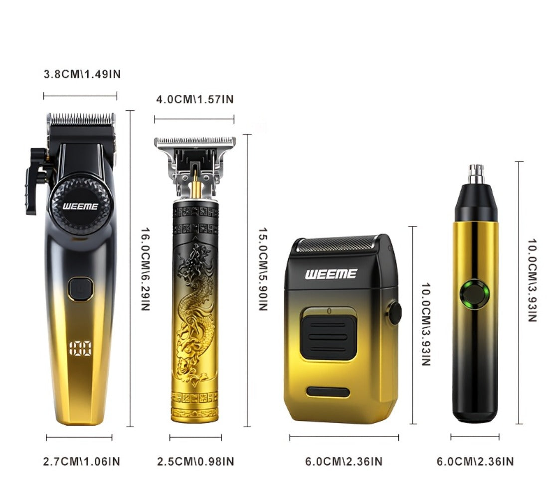 4-Piece Grooming Kit for Men USB Rechargeable Electric Shaver Beard Trimmer Nose Hair Trimmer Hair Clipper System with 8 Guide Combs Gradient Golden Gift for Dad Boyfriend Husband Holiday Travel