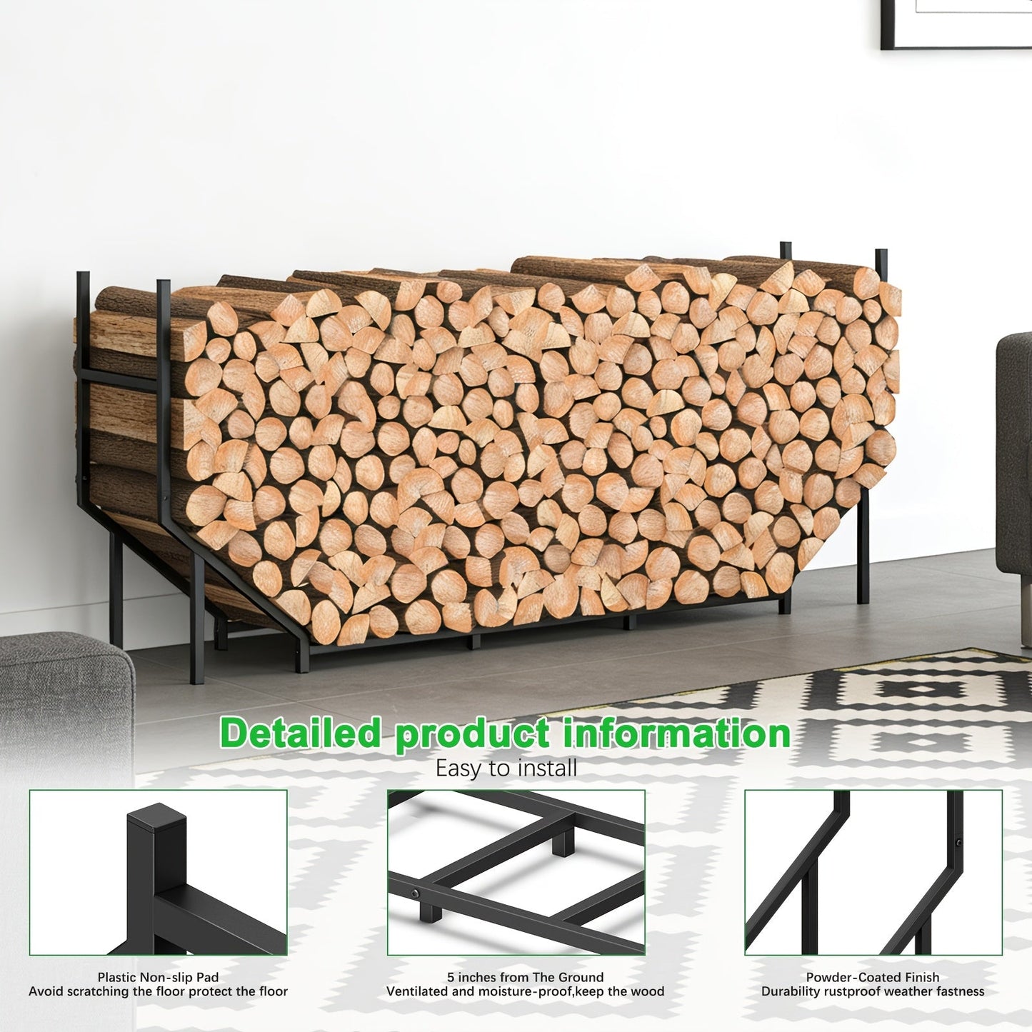 Firewood Rack | Heavy Duty Steel Indoor Outdoor Fireplace Patio Deck