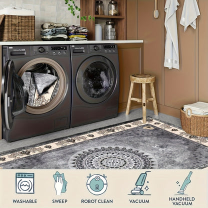 Area Rug Bohemian Persian Velvet Floral Design in Six Machine-Washable Sizes for Living Spaces