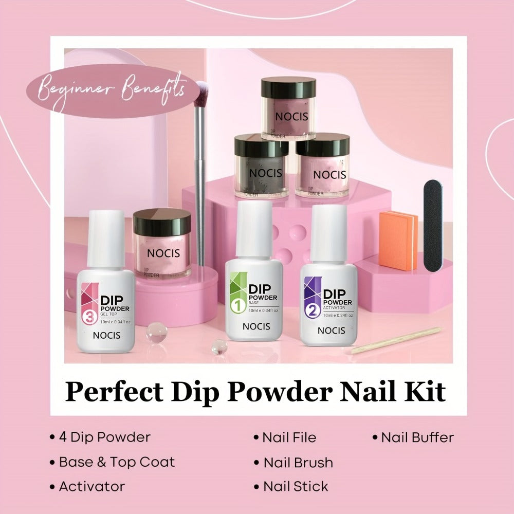 Dip Powder Nail Kit with NOCIS Label, Four Nude Gray Pink Powders, Three 10ml Liquids and Four Tools