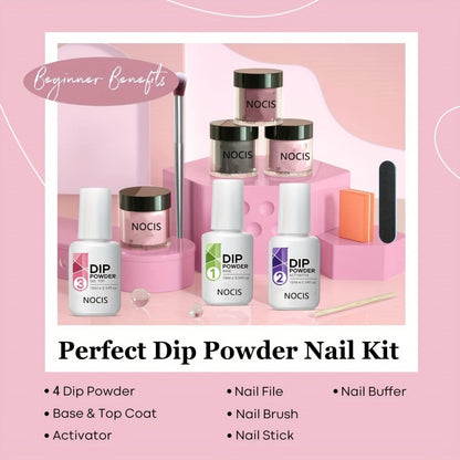 Dip Powder Nail Kit with NOCIS Label, Four Nude Gray Pink Powders, Three 10ml Liquids and Four Tools
