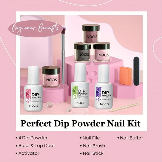 11-Piece Dip Powder Nail Kit Nude Grey Pink — 4 Colors Complete Dipping Set with Base Coat Activator Top Coat Nail Tools No Lamp French Manicure Gift for Women