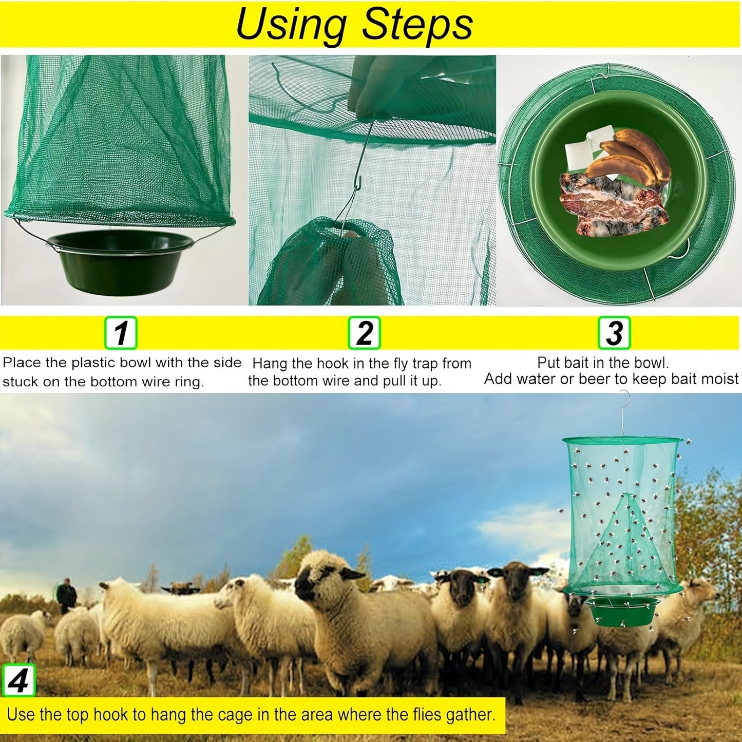 Green Hanging Mesh Fly Trap Cages with Removable Bait Bowls in Two-Pack or Four-Pack Options