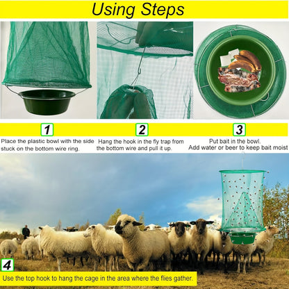 Green Hanging Mesh Fly Trap Cages with Removable Bait Bowls in Two-Pack or Four-Pack Options