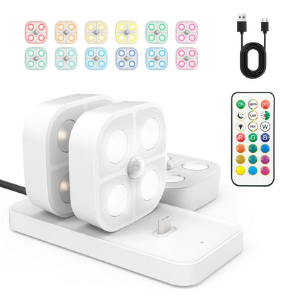 Puck Lights Rechargeable RGB with Charging Station - Motion Sensor Under Cabinet Lighting, Wireless LED Closet Lights with Remote Control, Color Changing Night Light for Hallway Stairway Bathroom Bedroom Kitchen, 3/4/6 Pack