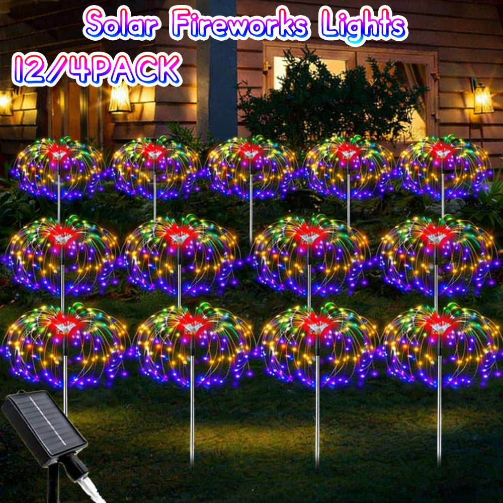 Solar Firework Garden Lights Outdoor 12 Pack 750 LED - 8 Modes Waterproof Starburst Stake Lights for Yard, Pathway, Balcony, Christmas & Holiday Decor, Multicolor or White (4-Pack / 12-Pack)