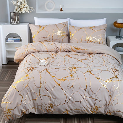 3-Piece Duvet Cover Set with Bronzed-Look Marble Vein Print in White, Khaki or Black and Four Sizes