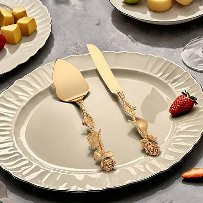 Cake Knife and Spatula Set with Rose Handle – Silver-Plated Dessert Server Gift Box Set for Wedding, Birthday & Party