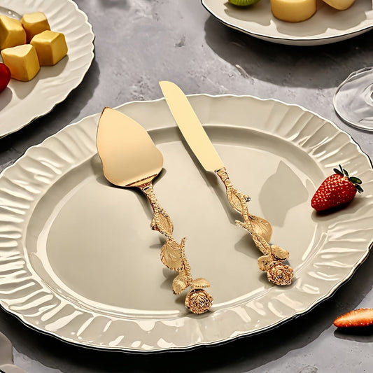 Cake Knife and Spatula Set with Rose Handle – Silver-Plated Dessert Server Gift Box Set for Wedding, Birthday & Party
