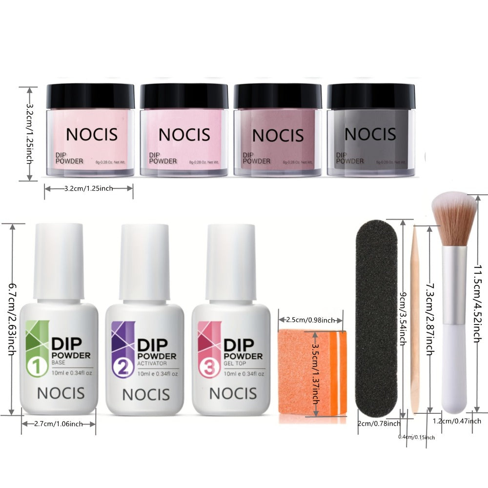 Dip Powder Nail Kit with NOCIS Label, Four Nude Gray Pink Powders, Three 10ml Liquids and Four Tools