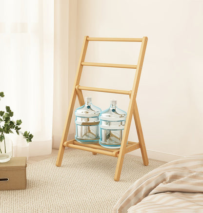 Bamboo Drying Rack 3 Tier Foldable with Storage Box - Space Saving Freestanding Clothes Hanger for Apartment, Bedroom, Bathroom & Balcony, Compact Laundry Rack for Small Spaces | Natural Burlywood